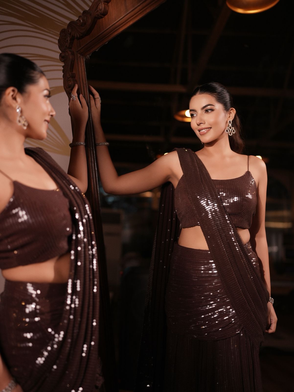 Nude sequin saree
