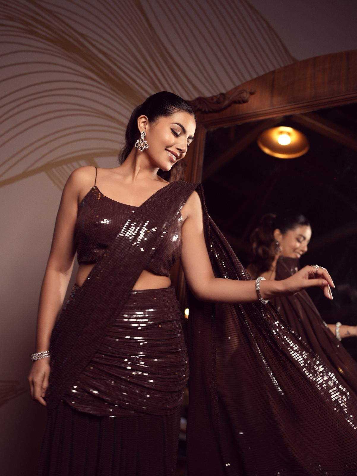 Nude sequin saree