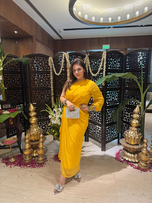Asymmetrical Yellow Draped Dress